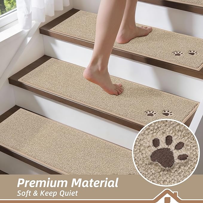 BEQHAUSE Stair Treads for Wooden Steps 28inX9in, Non Slip Carpet Stair Treads Indoor Stair Runners Machine Washable, Soft Stair Rugs Mat Surface Polyester TPE Backing, 15pcs, Beige