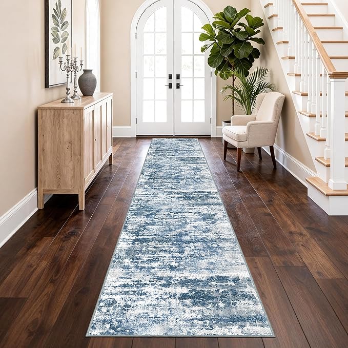 Non Slip Floor Runners for Dogs 2.6x14 Washable Runner Rug Abstract, Joint Support for Senior Dogs, Woven, Extra Grip Traction Runners for Hallway, Entryway, Walkway- Blue