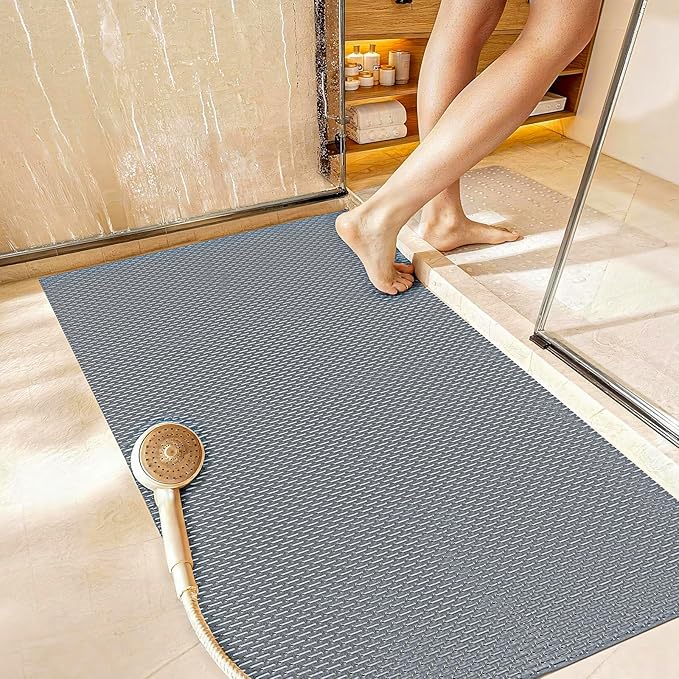 Extra Large Non-Slip Shower Mat, Fast-Dry PVC Bath Stall & Tub Mat, Drain-Hole Design,for Shower Stall Tub for Elderly/Kids，Non Slip Bathroom Safety Accessory，Gray 24"x24"