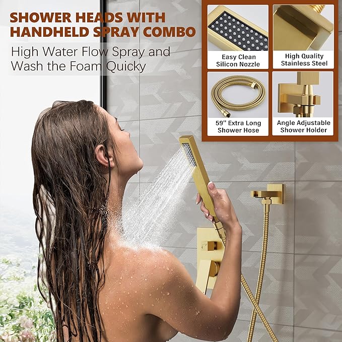 Kurpot Gold Shower System, 10'' Square Rainfall Shower Head with Handheld Combo Spray, Bathroom Brushed Gold Shower Faucet Set with Valve, 59'' Shower Hose, Shower Trim Kit and Diverter, Wall Mounted