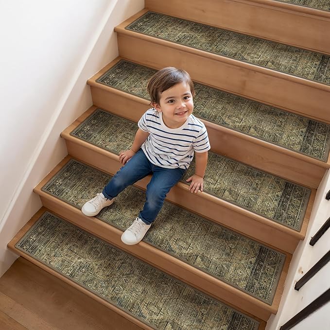 Non Slip Stair Treads for Wooden Steps 15PCS - 8"x30" Indoor Safety Carpet, Edging Mats with TPE Adhesive Backing, Pet and Elderly Friendly Stair Rugs (Dark Green&Brown)