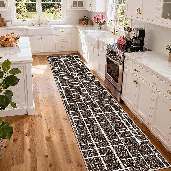 Non Slip Hallway Runner Rug 2.6x12, Modern Distressed Stripe, Washable Extra Long Rug, Woven Thin Low Pile Carpet Runners for Hallway 12ft Entryway, Kitchen, Walkway- Brown