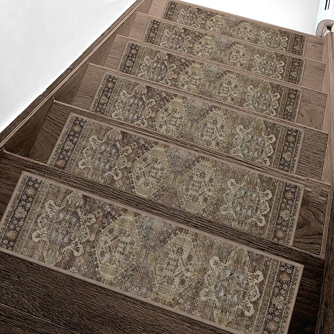 Non Slip Stair Treads for Wooden Steps 15PCS - 8"x30" Indoor Safety Carpet, Edging Mats with TPE Adhesive Backing, Pet and Elderly Friendly Stair Rugs (Sage/Brown)