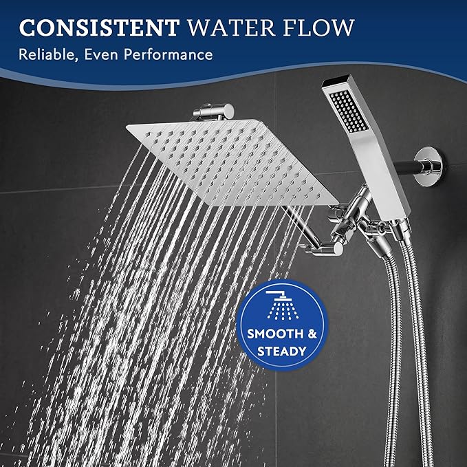 G-Promise All Metal 10" Dual Square Shower Head Combo | Rain Shower Head | Handheld Shower Wand | Adjustable | Smooth 3-Way Diverter | 71" Extra Long Hose - A Bathroom Upgrade (Chrome)