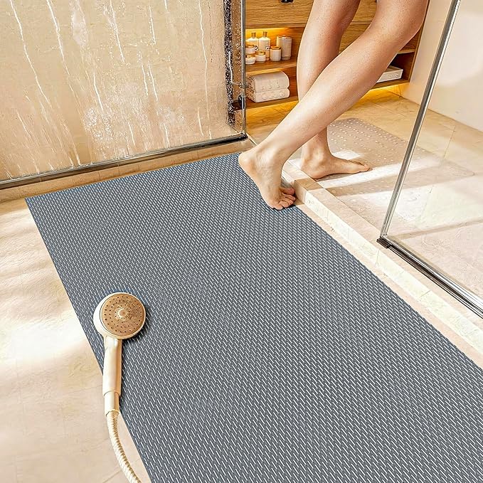 Extra Large Non-Slip Shower Mat, Fast-Dry PVC Bath Stall & Tub Mat, Drain-Hole Design,for Shower Stall Tub for Elderly/Kids，Non Slip Bathroom Safety Accessory，Gray 32"x58"
