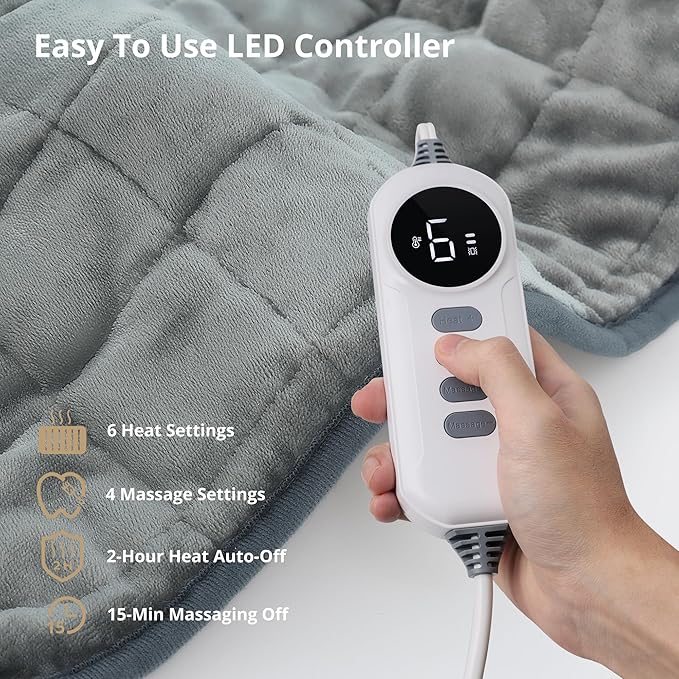 Heating Pad, Weighted Heating Pad with Massaging Vibrations, 6 Heat Settings & 4 Massage Modes,Soothing Warmth for Back & Shoulders, 12" x 24",Silver Gray