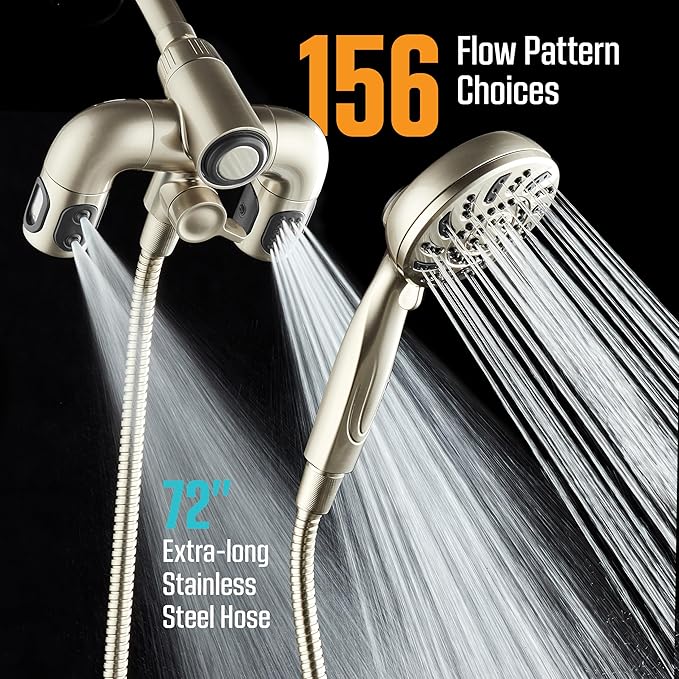 Aquadance High Pressure 156 Setting 14 Zone Shower Head & Handheld 3-way Combo System - Magnetic Docking, 314 Power Jets, Dual Adjustable Arms, 6 ft. Metal Hose, All Nickel Finish, Top American Brand