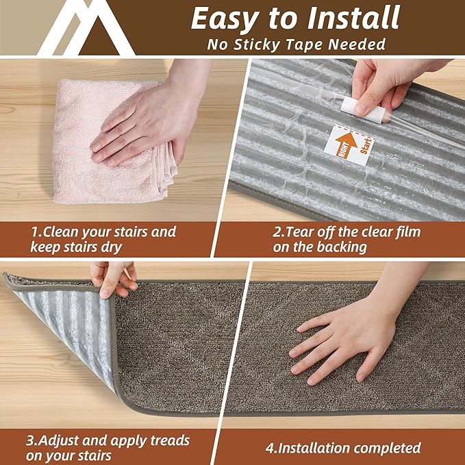COSY HOMEER Stair Treads for Wooden Steps 9"x28" Washable Indoor Carpet Stair Treads Non Slip Soft Polyester Stair Carpet Tread Reusable Stair Runner Rugs for Kids, Elders,Pets,Light Brown,7pcs