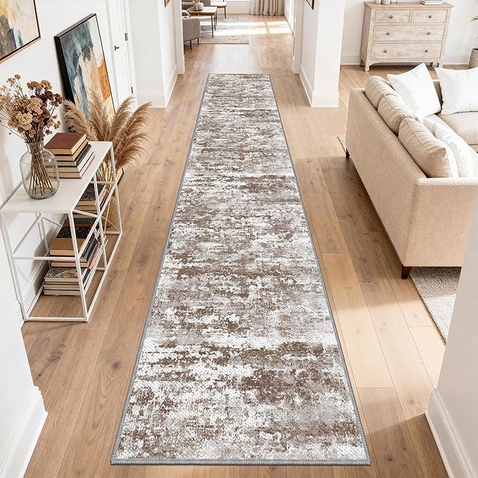 Non Slip Floor Runners for Dogs 2.6x14 Washable Runner Rug Abstract, Joint Support for Senior Dogs, Woven, Extra Grip Traction Runners for Hallway, Entryway, Walkway- Brown