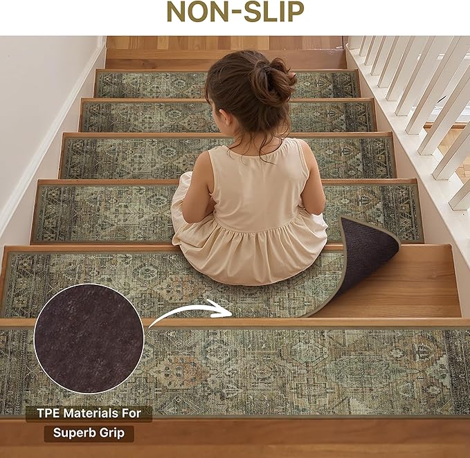Non Slip Stair Treads for Wooden Steps 15PCS - 8"x30" Indoor Safety Carpet, Edging Mats with TPE Adhesive Backing, Pet and Elderly Friendly Stair Rugs (Dark Green&Brown)