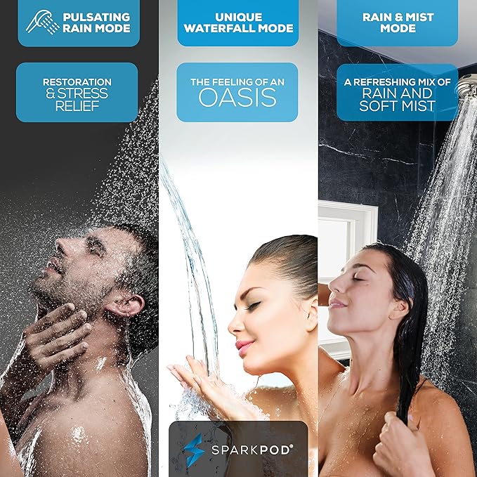 SparkPod 5 Inch Handheld Brushed Nickel Shower Head - 9 Spray Settings With On/Off Switch - Pulsating Rain Mode - Feeling Of An Oasis - Auto-Resets After Every Use - Resort Quality - Durable