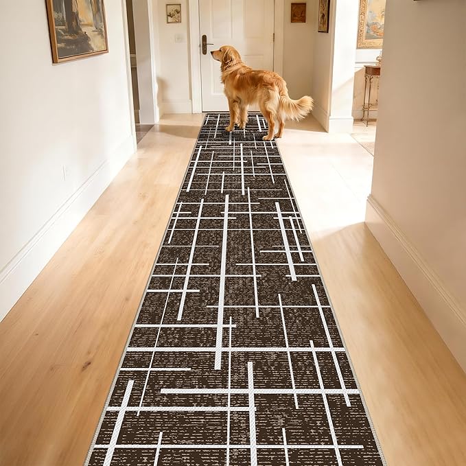 Non Slip Hallway Runner Rug 2x10, Brown Modern Distressed Stripe, Washable Long Rug, Woven Thin Low Pile Carpet Runners for Hallway 10ft Entryway, Kitchen, Walkway- Brown