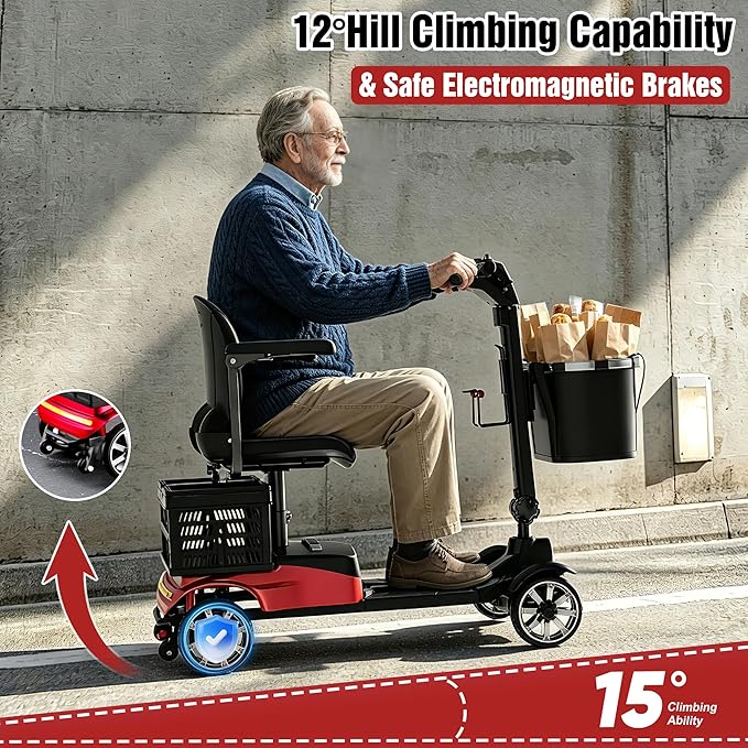 Mobility Scooter for Adults, 4 Wheel Motorized Mobility Scooter w/Dustproof Cover, 350LBS Capacity & Detachable Battery, 15Miles Electric Powered Mobility for Outdoor (Red, 15 MI)