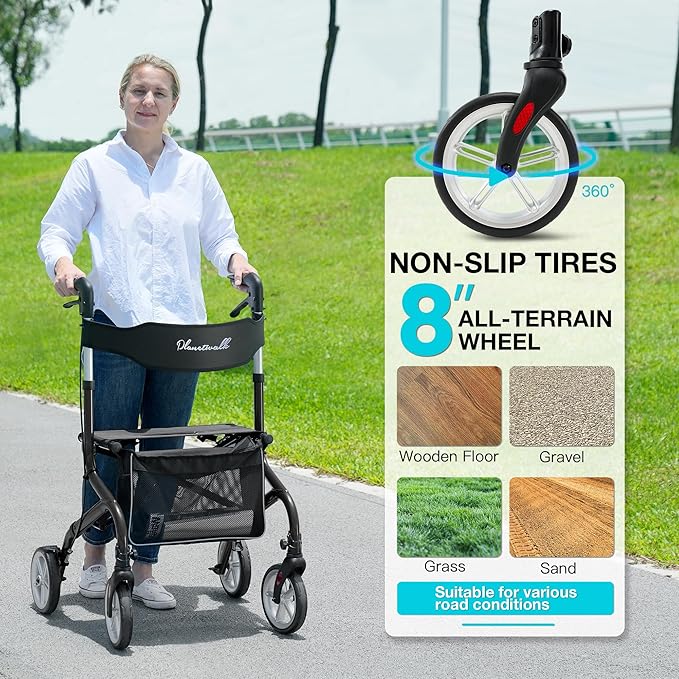 PLANET WALK Super Lightweight Rollator Walker for Seniors, Foldable Rolling Walker with Seat and 8" Rubber Wheels for All Terrain, Unique Design Aluminium Frame Sturdy Walkers for Traveling - Black