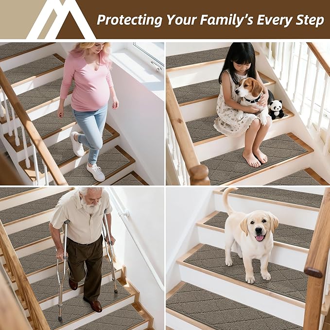 COSY HOMEER Stair Treads for Wooden Steps 9"x28" Washable Indoor Carpet Stair Treads Non Slip Soft Polyester Stair Carpet Tread Reusable Stair Runner Rugs for Kids, Elders,Pets,Light Brown,15pcs