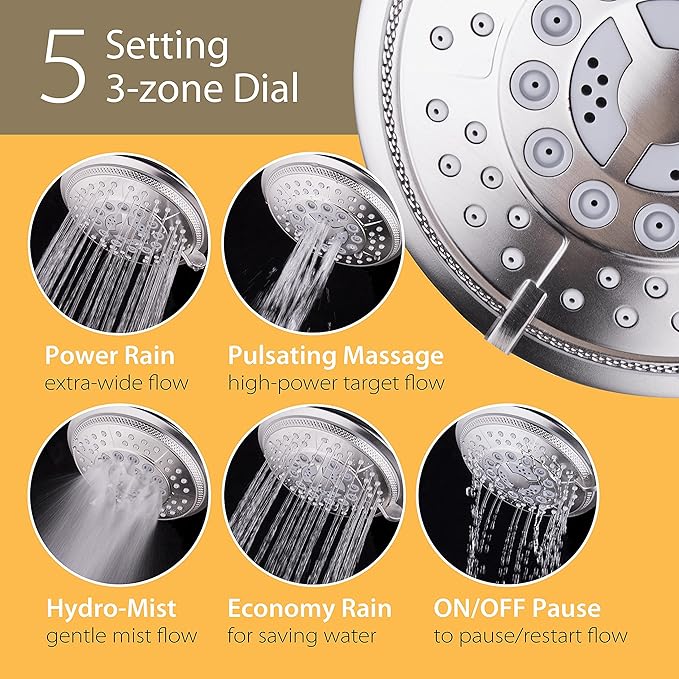 1733 Handheld Showerhead & Rain Shower Combo. High Pressure 24 Function 4" Face Dual 2 in 1 Shower Head System with Stainless Steel Hose, Patented 3-way Water Diverter in Nickel Finish