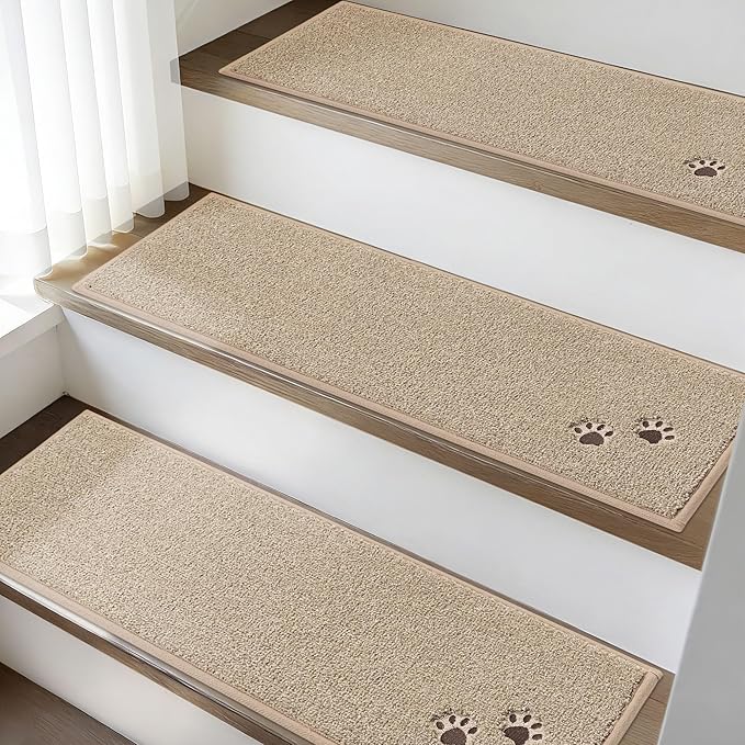 BEQHAUSE Stair Treads for Wooden Steps 28inX9in, Non Slip Carpet Stair Treads Indoor Stair Runners Machine Washable, Soft Stair Rugs Mat Surface Polyester TPE Backing, 15pcs, Beige