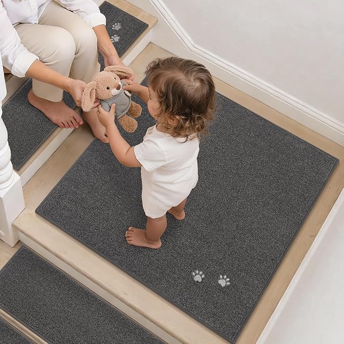 BEQHAUSE Stair Landing Rug Non-Slip 30"x30",Square Stair Landing Mats for Stair Washable,Carpet Stair Treads Matching Mats for Wooden Steps Indoor Landing Rugs Surface Polyester TPE Backing, Charcoal