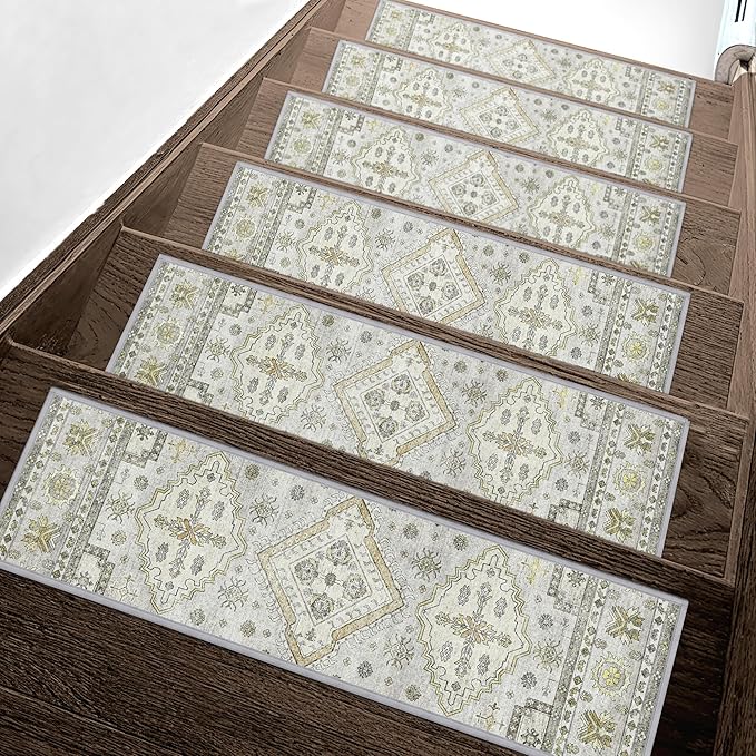 sarben Non Slip Stair Treads for Wooden Steps 15PCS - 8"x30" Indoor Safety Carpet, Edging Mats with TPE Adhesive Backing, Pet and Elderly Friendly Stair Rugs (Grayish)