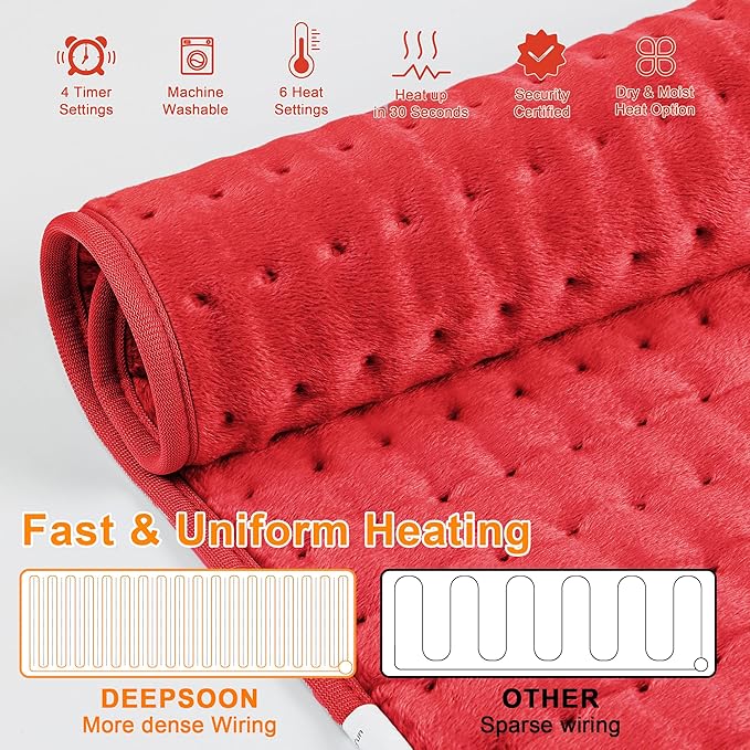 Deepsoon Heating Pad,Electric Heating Pads for Back,Neck,Moist Heating Pad for Abdomen Shoulder Knee Legs,Dry/Moist Heat&Auto Shut Off,Mother's Day Birthday for Men and Women,Red,24x12 Inch