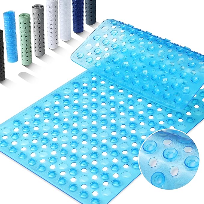 Yimobra Bath Tub Mat Non Slip, 34.5"x15.5" Long Shower Mat, Machine Washable Bathmat with Drain Holes and Suction Cups, Soft on Feet, Bathroom Essentials, Clear Blue