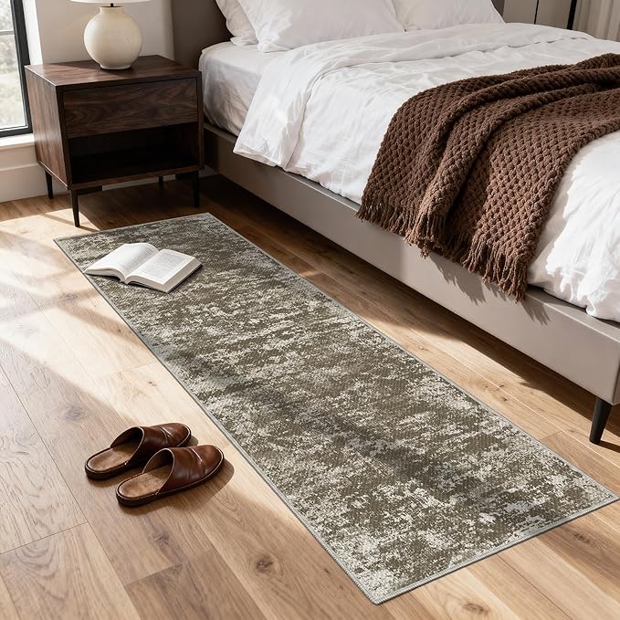 Abstract Washable Runner Rug 2x6, Brown Non-Slip Hallway Rug, Woven Non-Shedding Thin Runners for Entryway, Kitchen, Laundry Room - Deep Brown (Stain-Resistant Version, 2x6ft)