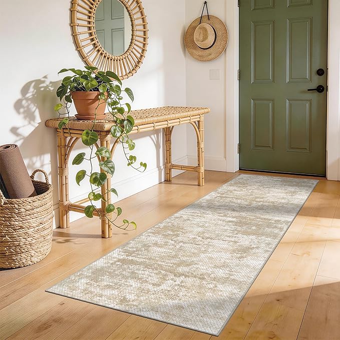 Abstract Washable Runner Rug 2x6, Hallway Rug Non-Slip, Woven Non-Shedding Thin Runners for Entryway, Kitchen, Laundry Room, Beige&Yellow