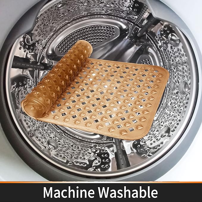 Yimobra Bathtub Mat Non Slip, Super Strong Suction Cups, 34.5"x15.5" Long Shower Mat with Drain Holes, Machine Washable Fast Draining Bath Mats, Bathroom Essentials,Clear Brown