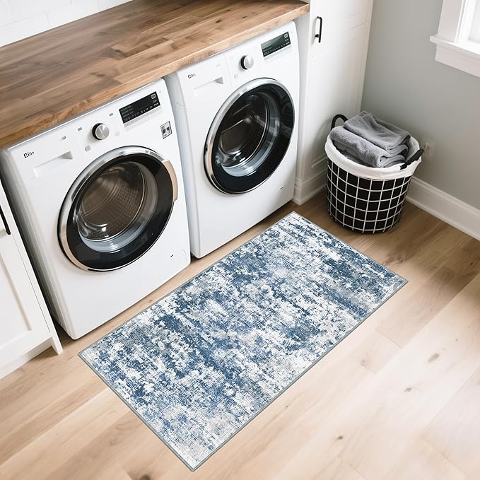 Runners for Hallways Ultra Non-Slip 2x4 Washable Kitchen Rug Abstract Tear and Stain Resistance No Pile Hand-Woven Style Lightweight Runners for Entryway, Laundry Room, Bedside, Blue
