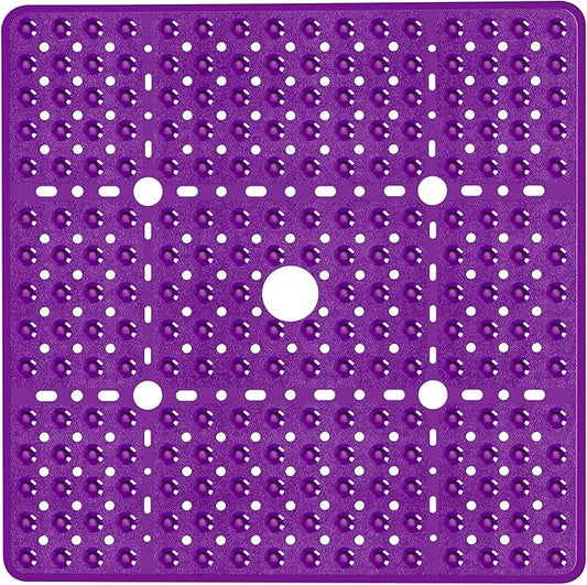 Large Square Shower Mat 27 x 27 Inch Clear Purple, Non Slip Shower Bathtub Mats for Inside Shower With Big Suction Cups Drain Holes, Anti Slip Bathroom Floor Stall Mats, Easy Clean, BPA-Free