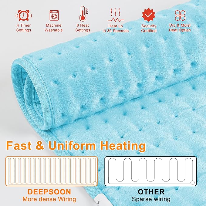Deepsoon Heating Pad,Electric Heating Pads for Back,Neck,Moist Heating Pad for Abdomen Shoulder Knee Legs,Dry/Moist Heat&Auto Shut Off,Mother's Day Birthday for Men and Women,Light Blue,24x12 Inch