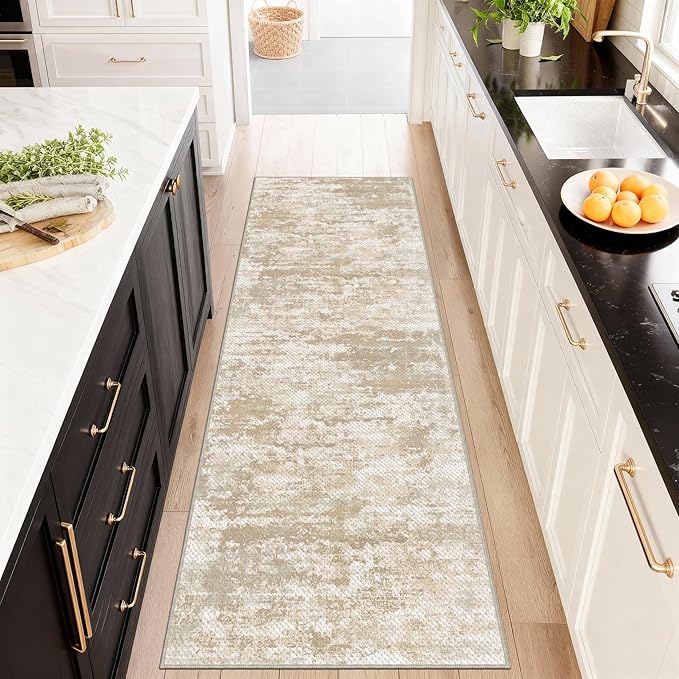 Abstract Washable Runner Rug 2x6, Hallway Rug Non-Slip, Woven Non-Shedding Thin Runners for Entryway, Kitchen, Laundry Room, Beige&Yellow