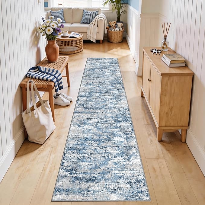 Runners for Hallways Ultra Non-Slip 2x10 Long Runner Rugs Washable Abstract Tear and Stain Resistance No Pile Lightweight Modern Rug Runners for Entryway, Kitchen, Walkway, Ocean Blue
