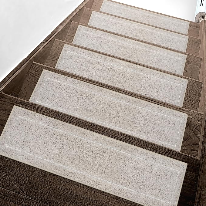 Non Slip Microfiber Stair Treads for Wooden Steps, 15PCS 8"x30" Indoor Safety Carpet, 3D Cut & Loop Tufted Edging Mats with TPE Adhesive Backing, Pet & Elderly Friendly Stair Rugs (Beige Border)
