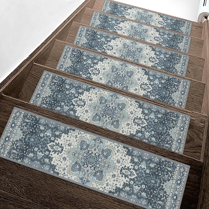 Non Slip Stair Treads for Wooden Steps 15PCS - 8"x30" Indoor Safety Carpet, Edging Mats with TPE Adhesive Backing, Pet and Elderly Friendly Stair Rugs (Navy)
