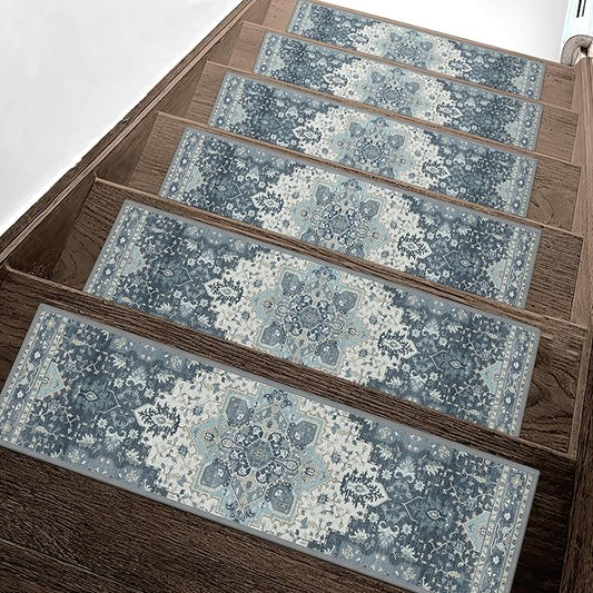 Non Slip Stair Treads for Wooden Steps 15PCS - 8"x30" Indoor Safety Carpet, Edging Mats with TPE Adhesive Backing, Pet and Elderly Friendly Stair Rugs (Navy)