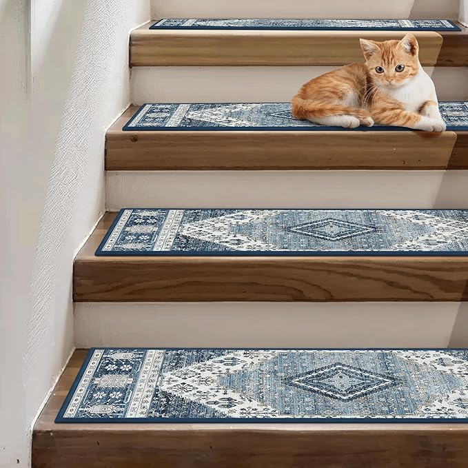 sarben Non Slip Stair Treads for Wooden Steps 15PCS - 8"x30" Indoor Safety Carpet, Edging Mats with TPE Adhesive Backing, Pet and Elderly Friendly Stair Rugs (Blue&Ivory)