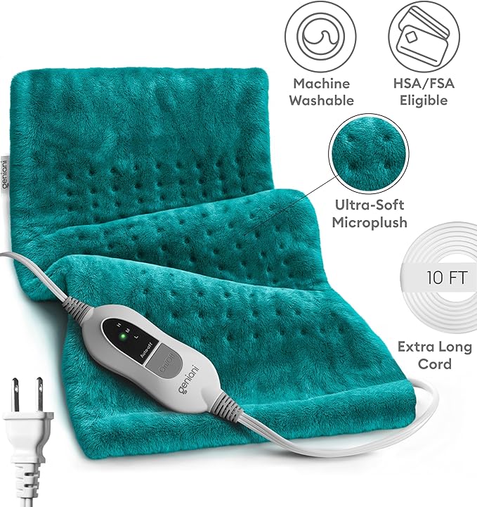 GENIANI Electric Heating Pad for Back Pain & Cramps Relief, Electric Throw, Auto Shut Off, Machine Washable, Moist Heat Pad for Neck & Shoulder - Mother’s Day Gifts, 12x24 Viridian Green