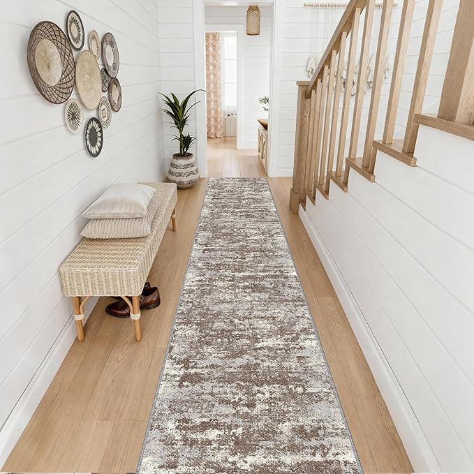 Non Slip Floor Runners for Dogs 2.6x12 Washable Runner Rug Abstract, Joint Support for Senior Dogs, Woven, Extra Grip Traction Runners for Hallway, Entryway, Walkway, Brown