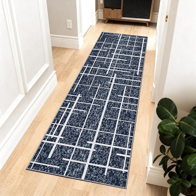 Washable Runner Rug 2x6, Blue Modern Distressed Stripe, Hallway Runner Rug Non Slip, Woven Thin No Shed Runners for Entryway, Kitchen, Laundry Room- Blue