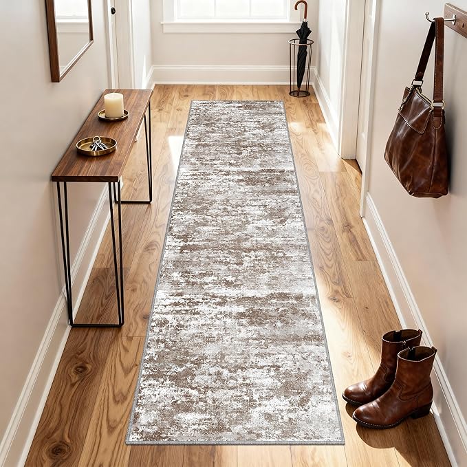 Rug Runners 2x8 Ultra Non-Slip Washable Kitchen Rug Abstract Tear and Stain Resistance No Pile Hand-Woven Style Lightweight Runners for Hallways, Entryway, Laundry Room, Bedside, Brown