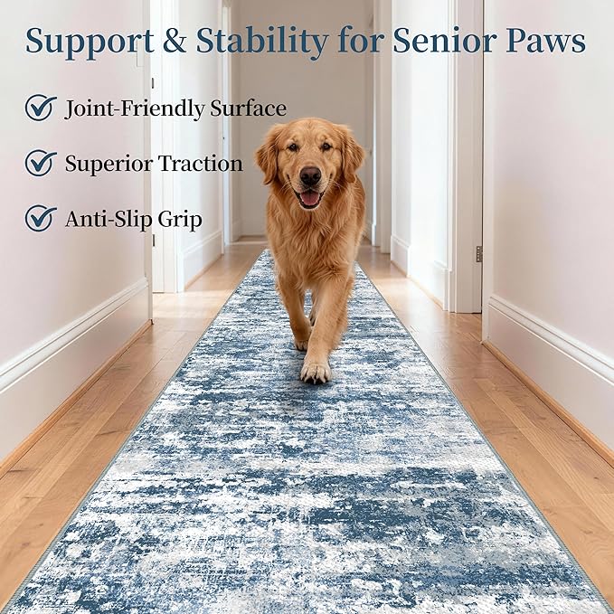 Non Slip Floor Runners for Dogs 2.6x12 Washable Runner Rug Abstract, Joint Support for Senior Dogs, Woven, Extra Grip Traction Runners for Hallway, Entryway, Walkway, Blue