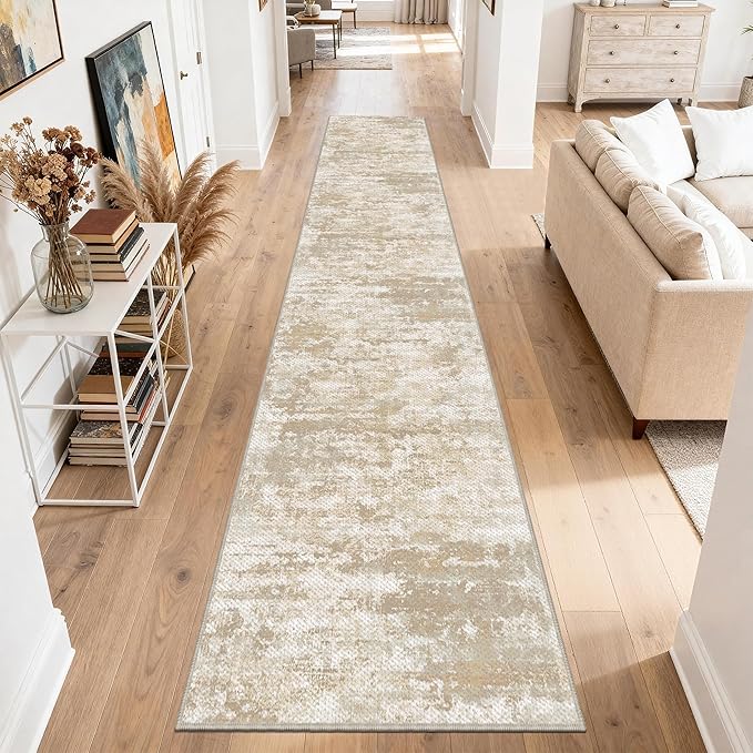 Non Slip Floor Runners for Dogs 2.6x14 Washable Runner Rug Abstract, Joint Support for Senior Dogs, Woven, Extra Grip Traction Runners for Hallway, Entryway, Walkway- Beige/Yellow