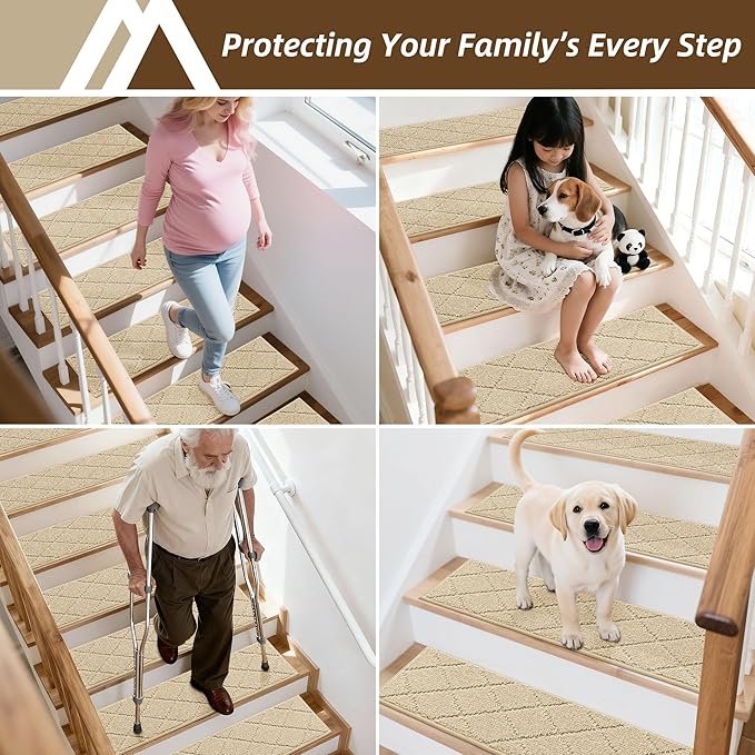 COSY HOMEER Stair Treads for Wooden Steps 9"x28",Washable Non Slip Carpet Stair Treads with Reusable Residue Free Backing Soft Peel and Stick Stair Runner Rugs for Kids Elders Pets,Warm Beige,15pcs