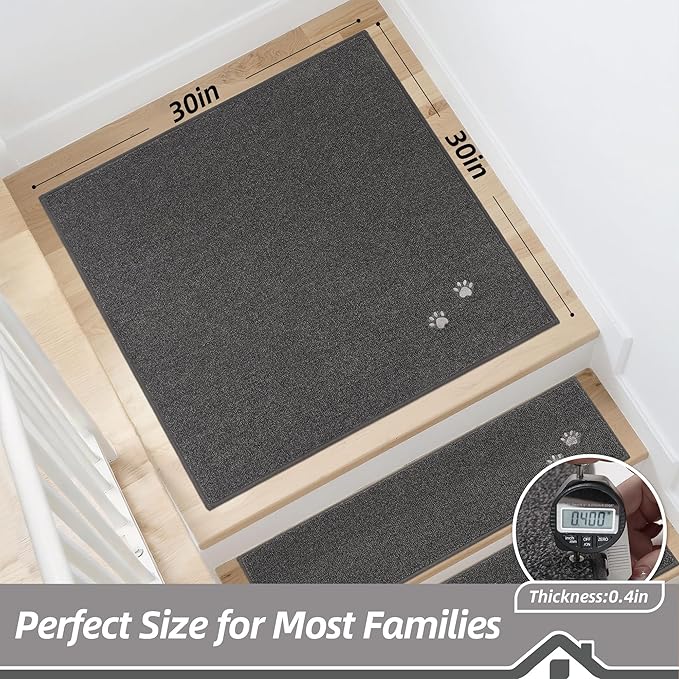 BEQHAUSE Stair Landing Rug Non-Slip 30"x30",Square Stair Landing Mats for Stair Washable,Carpet Stair Treads Matching Mats for Wooden Steps Indoor Landing Rugs Surface Polyester TPE Backing, Charcoal
