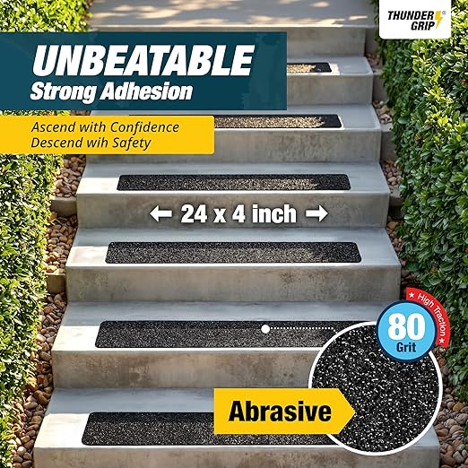 Thunder Grip Outdoor Stair Treads Non Slip 24" x 4" - 15-Pack Weather Resistant Exterior Grip Tape for Wooden Steps - Anti Skid Strips - Waterproof 80-Grit Adhesive Treads