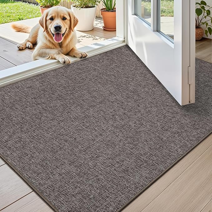 Color&Geometry Small Ultra Thin Indoor Door Mat (Rolled-up NO Creases) 17"x30", Non Slip Rubber Backed Dirt Trapper Door Mat Indoor Entrance, Low Profile Entryway Mat, Easy Clean, Grey-Brown Linen