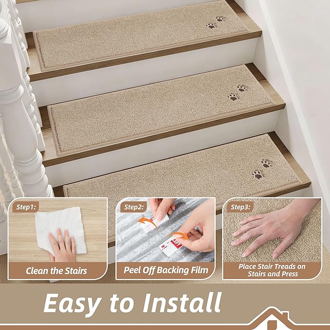 BEQHAUSE Stair Treads for Wooden Steps 28inX9in, Non Slip Carpet Stair Treads Indoor Stair Runners Machine Washable, Soft Stair Rugs Mat Surface Polyester TPE Backing, 4pcs, Beige