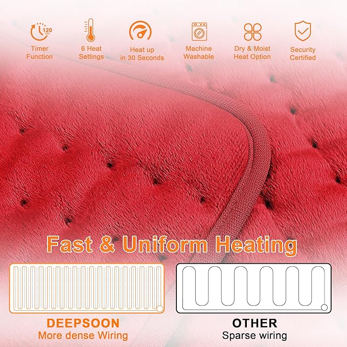 Deepsoon Heating Pad,Electric Heating Pads for Back,Neck,Moist Heating Pad for Abdomen Shoulder Knee Legs,Dry/Moist Heat&Auto Shut Off,Mother's Day Birthday for Men and Women,Red,33x17 Inch