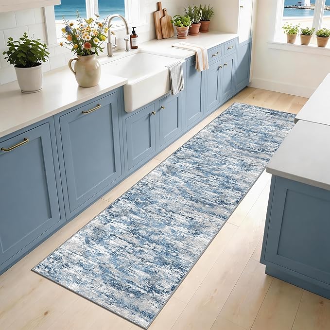 Runners for Hallways Ultra Non-Slip 2x10 Long Runner Rugs Washable Abstract Tear and Stain Resistance No Pile Lightweight Modern Rug Runners for Entryway, Kitchen, Walkway, Ocean Blue